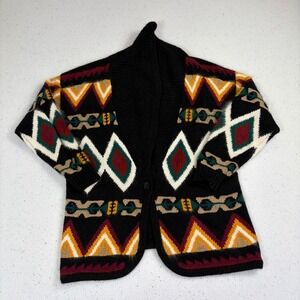 Vintage Southwest Aztec Blanket Cardigan Sweater Black Geometric Chunky Knit M